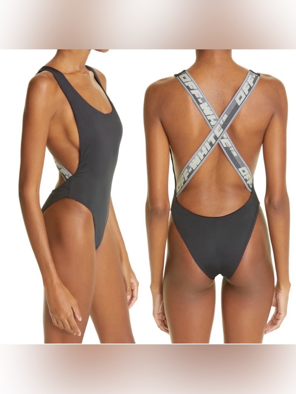 Off-White Black One Piece Swimsuit Strappy Back High Cut XS S - Picture 2 of 10